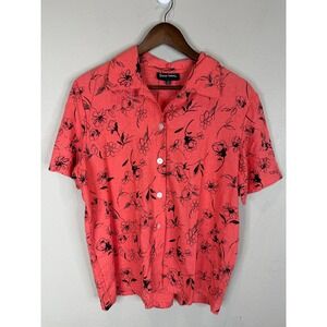 Sharon Anthony Coral Black Floral‎ Linen Blend Button Front Blouse M